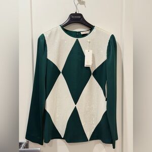 NWT Tory Burch ‘Lantilly’ Norwood Green Argyle & White Sequin Blouse